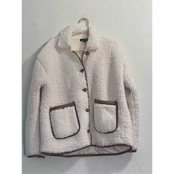New J.Crew Faux Sherpa Barn Coat 100% Polyester Plush Jacket puppy fluffy L - Picture 2 of 5